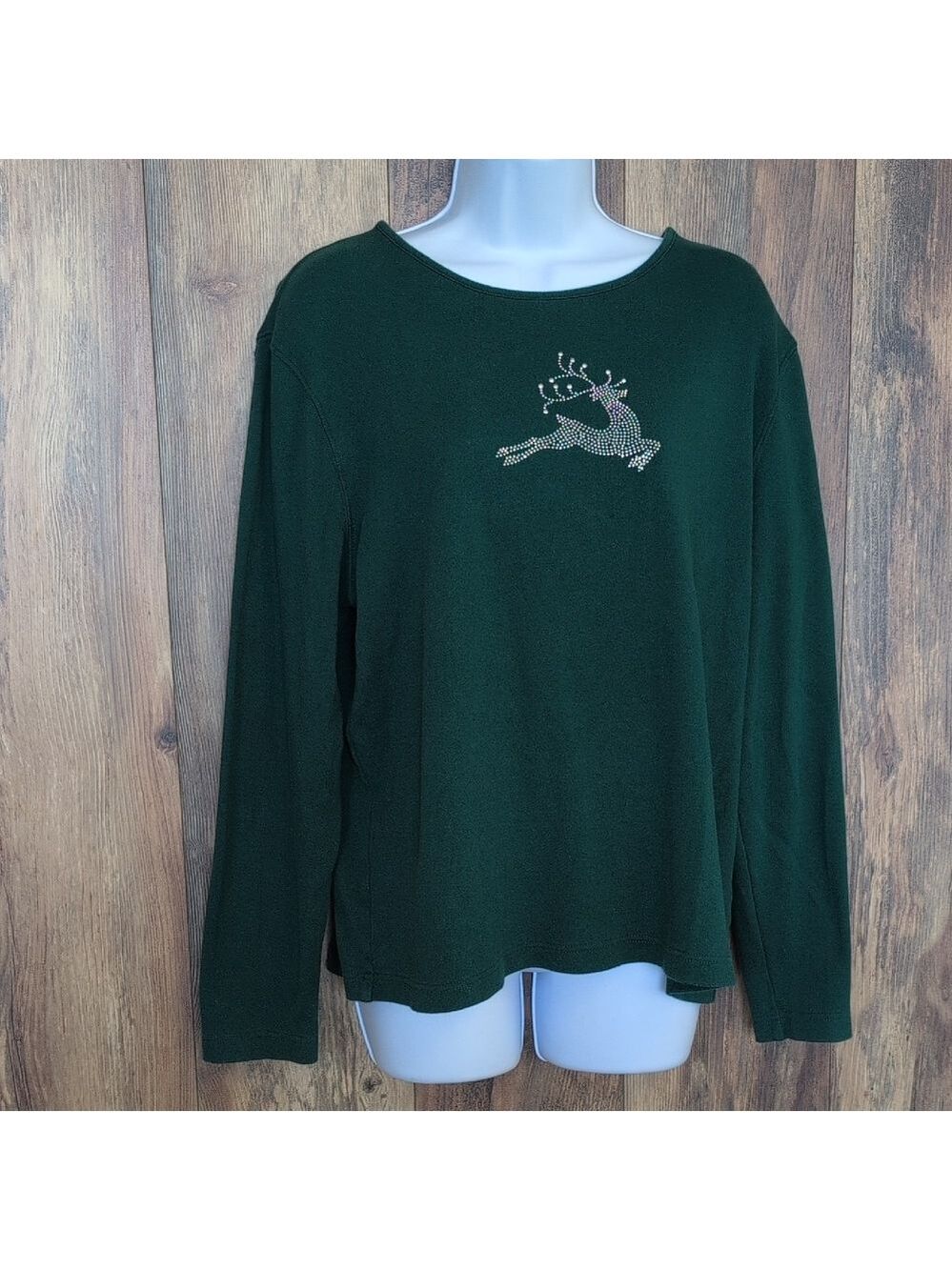 Karen Scott Dark Green Long Sleeve Top with Reindeer Design XL 1028D
